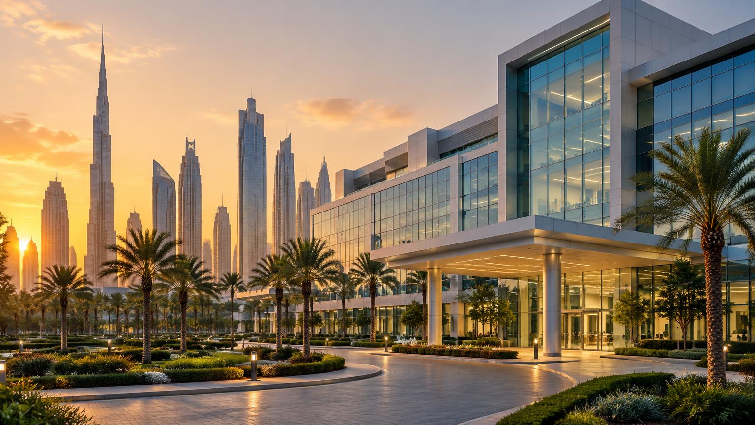 A modern Dubai hospital with the city skyline at sunset