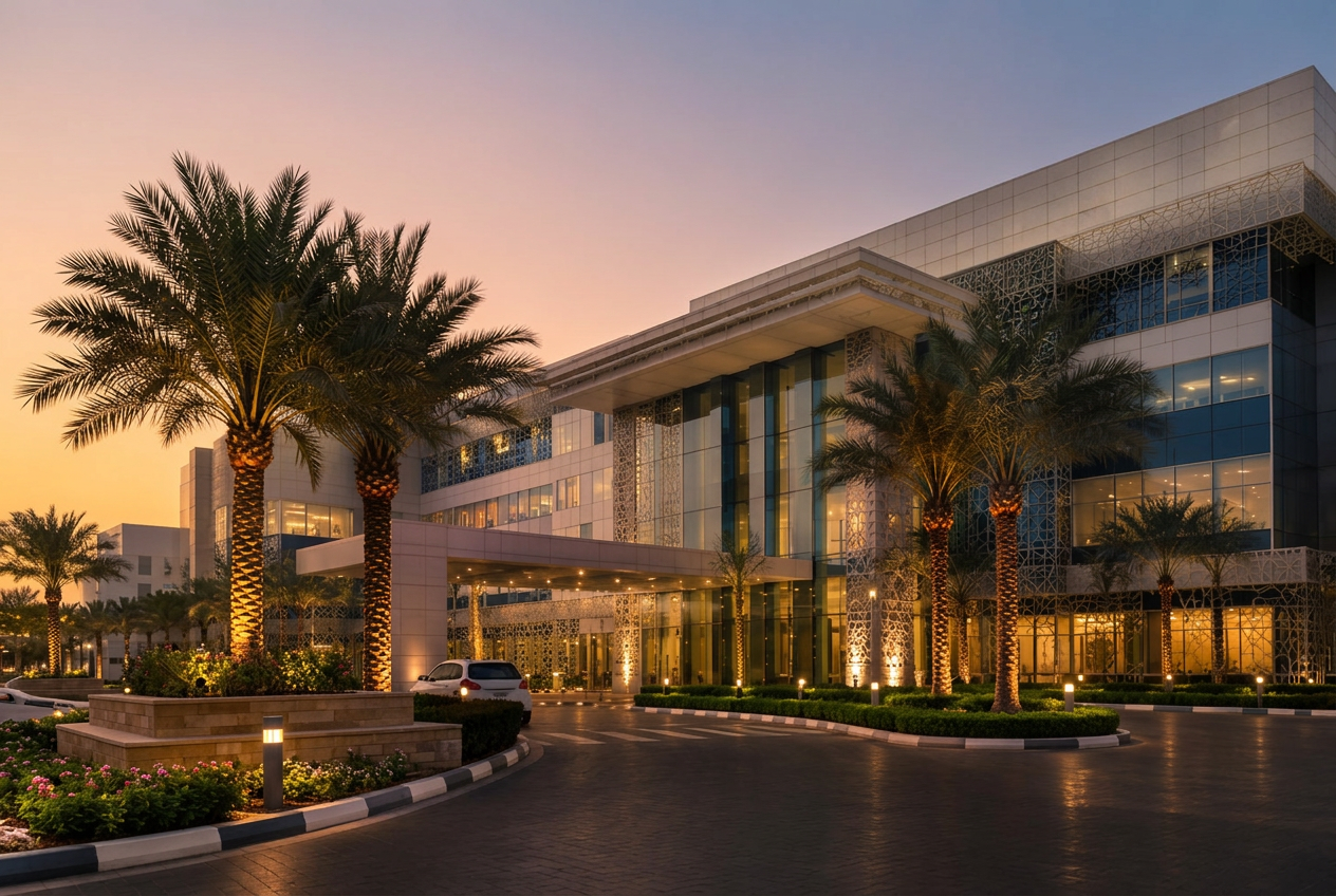 A modern UAE hospital entrance at dusk