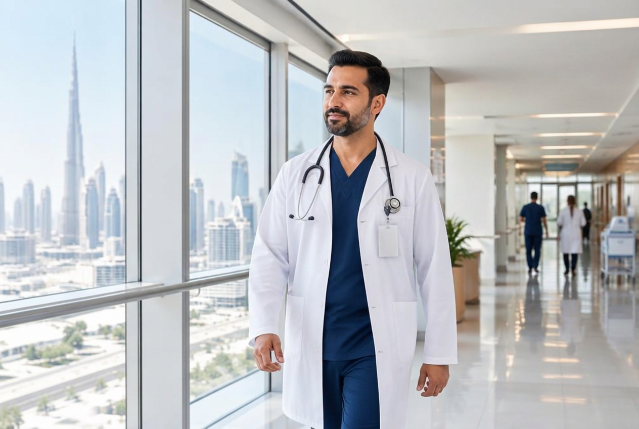 A doctor in a modern Dubai hospital corridor overlooking the city